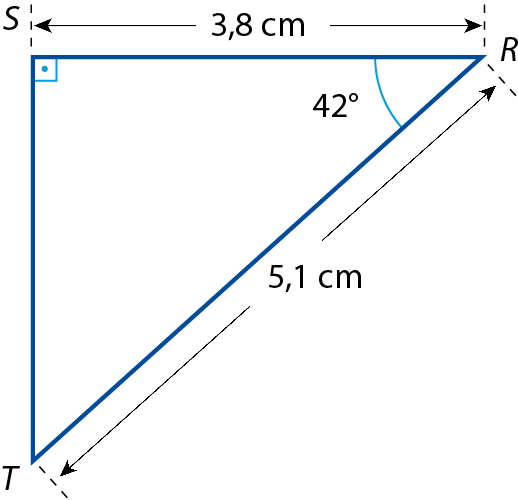 Ilustração. Triângulo RST, com ângulo reto em S e ângulo medindo 42 graus em R. Medidas dos lados: RS, 3 vírgula 8 centímetros; RT, 5 vírgula 1 centímetros.
