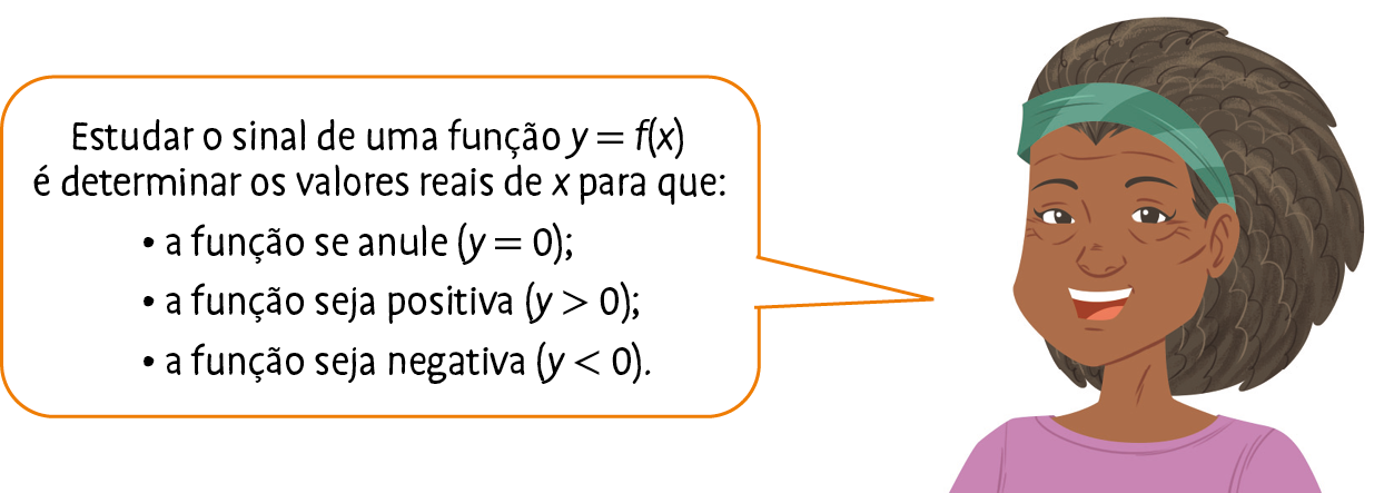 Ilustração. Mulher negra, de cabelo preto e grisalho, faixa verde e camiseta rosa. Ela fala: Estudar o sinal de uma função y igual a função de x é determinar os valores reais de x para que: a função se anule (ponto no qual y é igual a 0); a função seja positiva (local no qual ou locais nos quais y é maior que 0); a função seja negativa (local no qual ou locais nos quais y é menor que 0).
