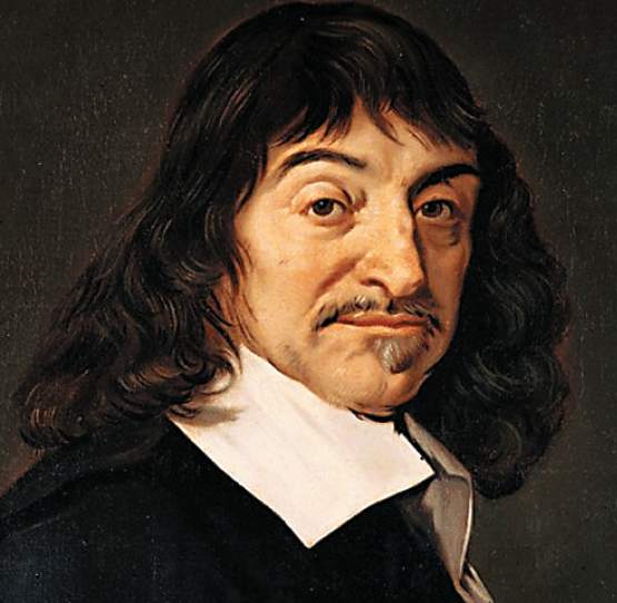 Pintura. Retrato de René Descartes, matemático e filósofo francês. É um homem branco, de cabelos escuros e compridos, com franja, bigode e barba pequena. Ele usa um casaco escuro com gola branca.