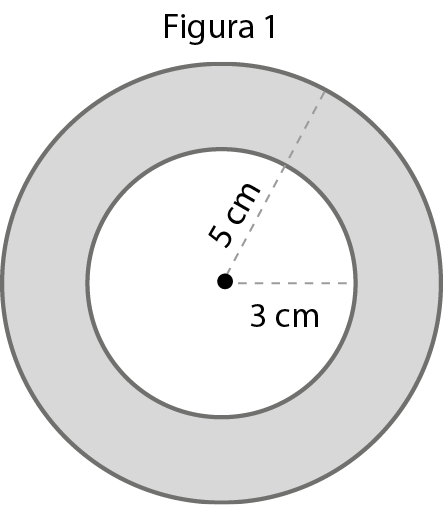 Ilustração. Figura 1. Duas circunferências concêntricas, a menor tem raio de medida 3 centímetros e a maior tem raio de medida 5 centímetros. A coroa circular está pintada de cinza.
