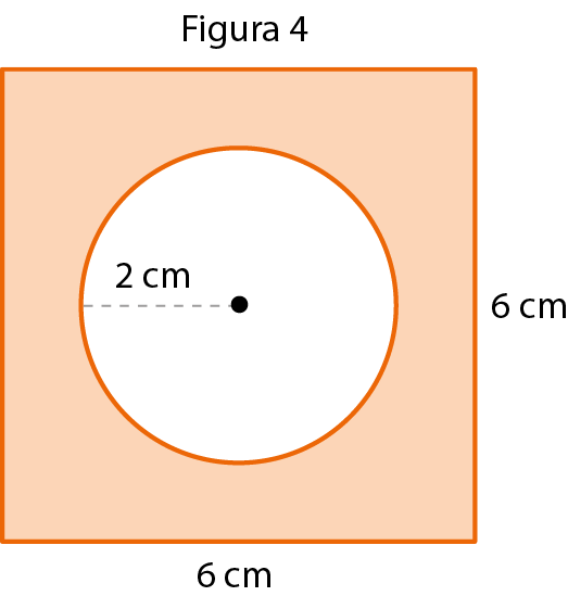Ilustração. Figura 4. Quadrado laranja com lado medindo 6 centímetros. No interior do quadrado há um círculo branco com raio medindo 2 centímetros e cujo centro é o centro do quadrado.