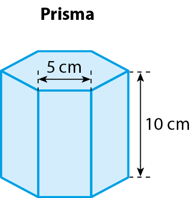 Ilustração. Prisma de base hexagonal regular. A altura do prisma é 5 centímetros e a aresta da base mede 5 centímetros.