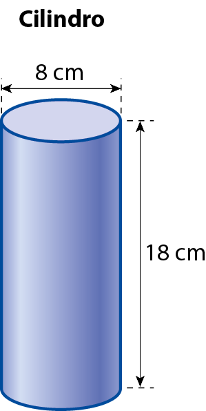 Ilustração. Cilindro cuja altura mede por 18 centímetros e o diâmetro da base mede 8 centímetros