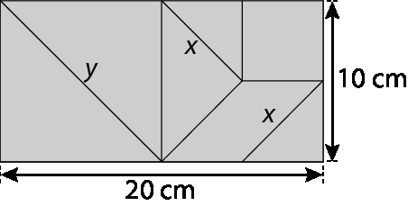 Ilustração. Figura composta por dois triângulos cinzas grandes formando um quadrado. À direita, quadrado composto por um triângulo médio cinza, dois triângulos pequenos cinza, um quadrado cinza e um paralelogramo cinza. Juntas todas essas figuras compõem um retângulo de dimensões 10 centímetros por 20 centímetros.