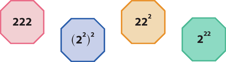 Ilustração. Fichas octogonais com os números: 222. Abre parêntese 2 elevado a 2 fecha parênteses elevado a 2. Vinte e dois elevado a 2. E 2 elevado a 22.