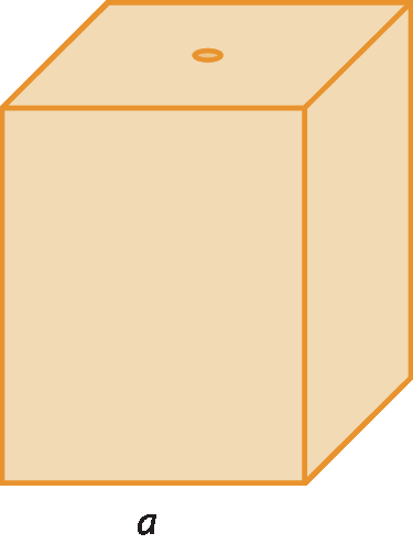 Ilustração. Bloco retangular com medida de lado da base quadrada igual à a, e um pequeno orifício na parte superior.