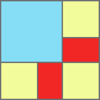 Ilustração. Quadrado composto por quadrado grande azul, três quadrados amarelos menores e dois retângulos vermelhos pequenos.