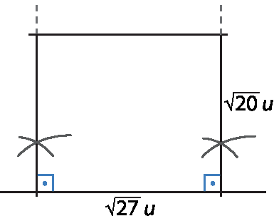 Ilustração. Retângulo de lados medindo raiz quadrada de 20, vezes u e raiz quadrada de 27, vezes u, correspondentes às hipotenusas dos triângulos retângulos construídos anteriormente.