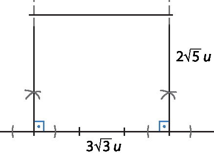 Ilustração. Reta horizontal com duas retas verticais e uma horizontal acima formando retângulo. As medidas dos lados do retângulo são: 3 vezes a raiz quadrada de 3, vezes u, e 2 vezes a raiz quadrada de 5, vezes u.