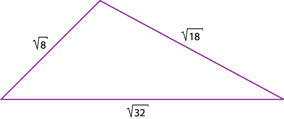 Ilustração. Triângulo com as medidas: raiz quadrada de 8 por raiz quadrada de 18 por raiz quadrada de 32