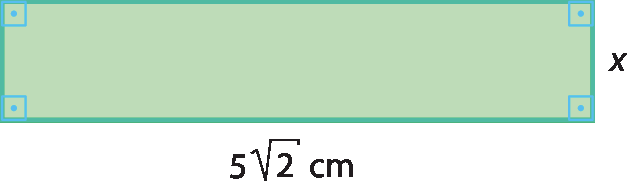 Ilustração. Retângulo com as medidas: 5, raiz quadrada de 2 centímetros por x.