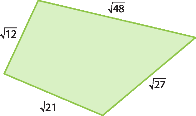 Ilustração. Quadrilátero com as medidas: raiz quadrada de 12, raiz quadrada de 48, raiz quadrada de 27 e raiz quadrada de 21.