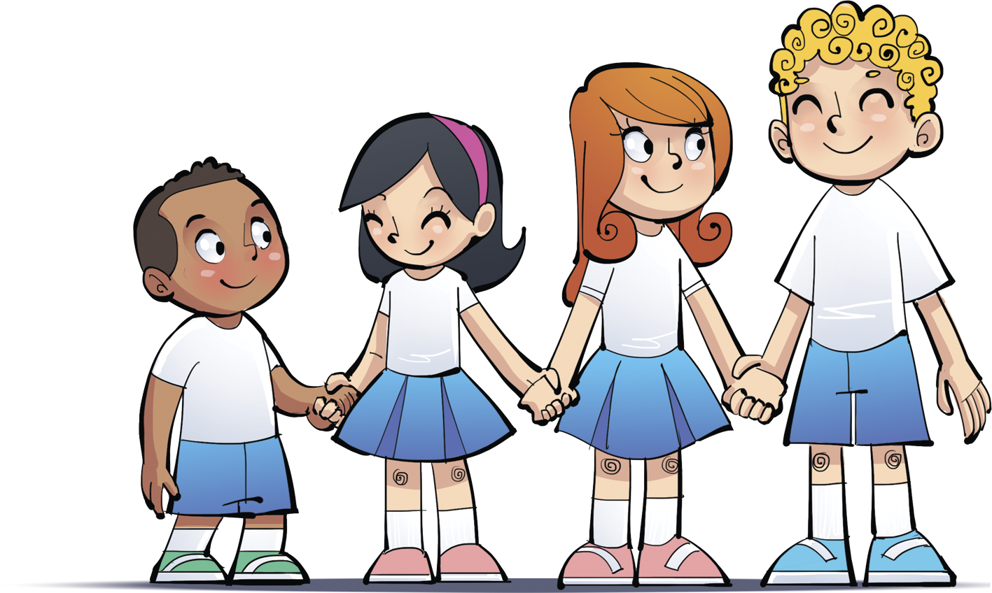 Ilustração. Grupo com 4 crianças de alturas diferentes e de mãos dadas, elas estão uma ao lado da outra, organizadas da esquerda para a direita, da mais baixa para a mais alta: menino, menina, menina, menino.