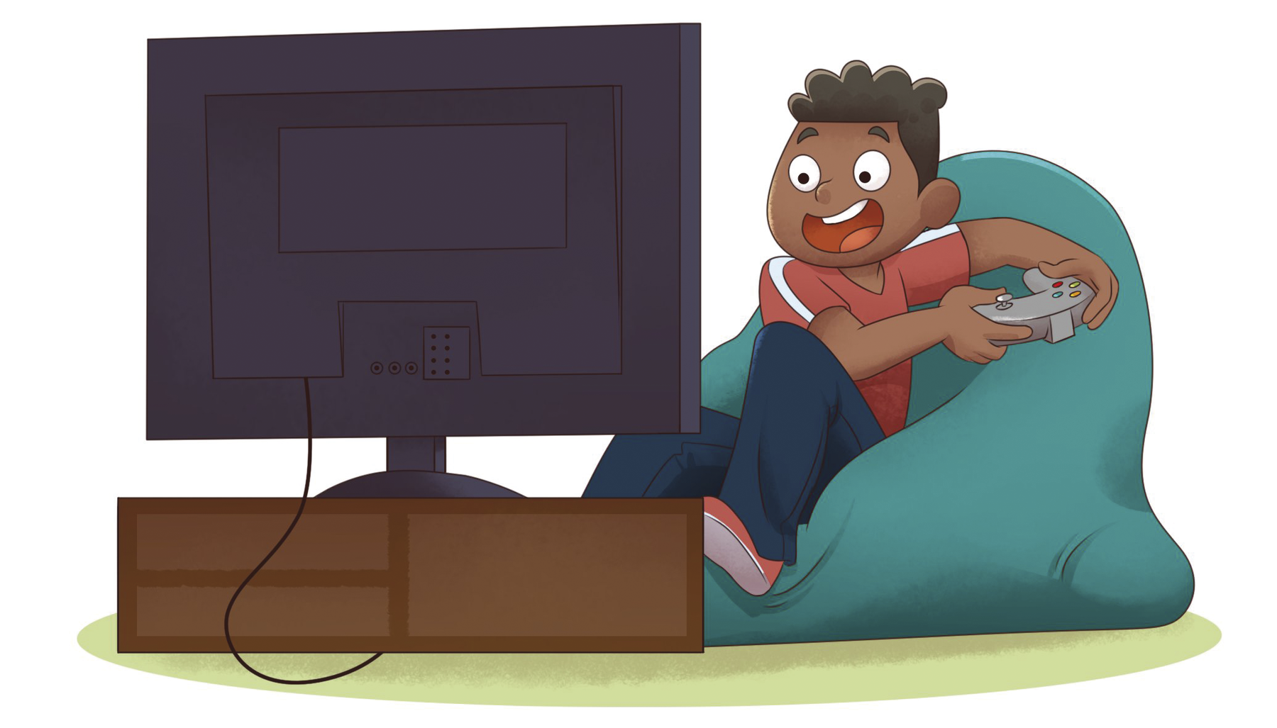 Ilustração. Menino de cabelo enrolado, camiseta vermelha sentado no sofá com controle remoto nas mãos. Ele está de frente para a televisão.