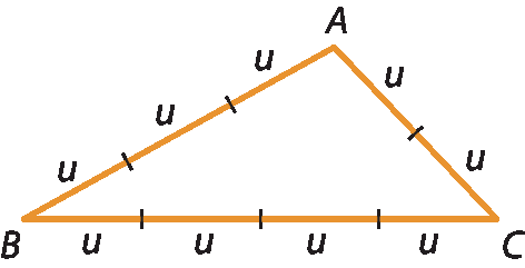 Ilustração. Triângulo ABC. O lado AB  está dividido em 3 partes iguais, o lado BC está dividido em 4 partes iguais, e o lado CA está dividido em 2 partes iguais, sendo cada parte indicada por u.
