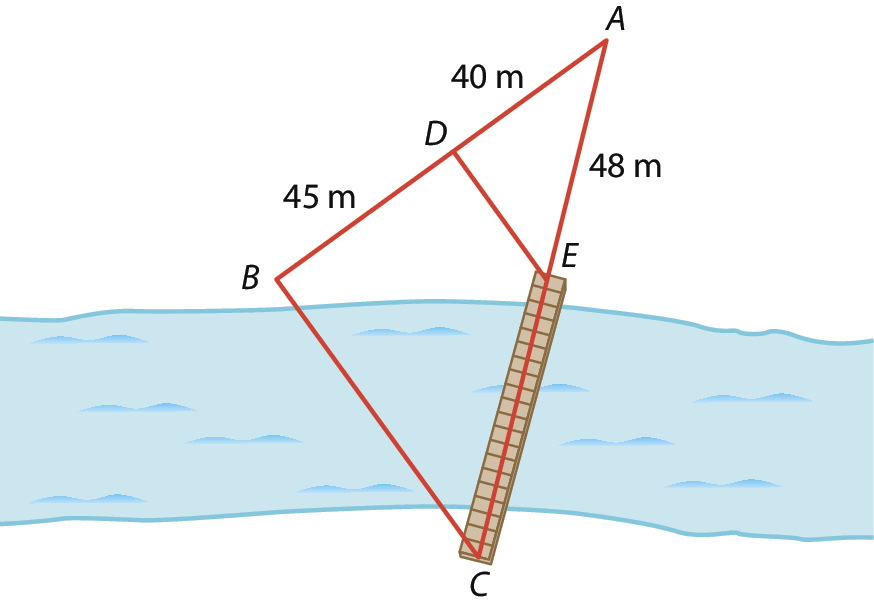 Ilustração. Ponte CE sobre um rio e figura que lembra um triângulo A ,B C, passa sobre a ponte. Lado AC, com CE medida da ponte, e EA medindo 48 metros. Lado AB, com AD medindo 40 metros e DB, medindo 45 metros. Lado BC paralelo a DE.