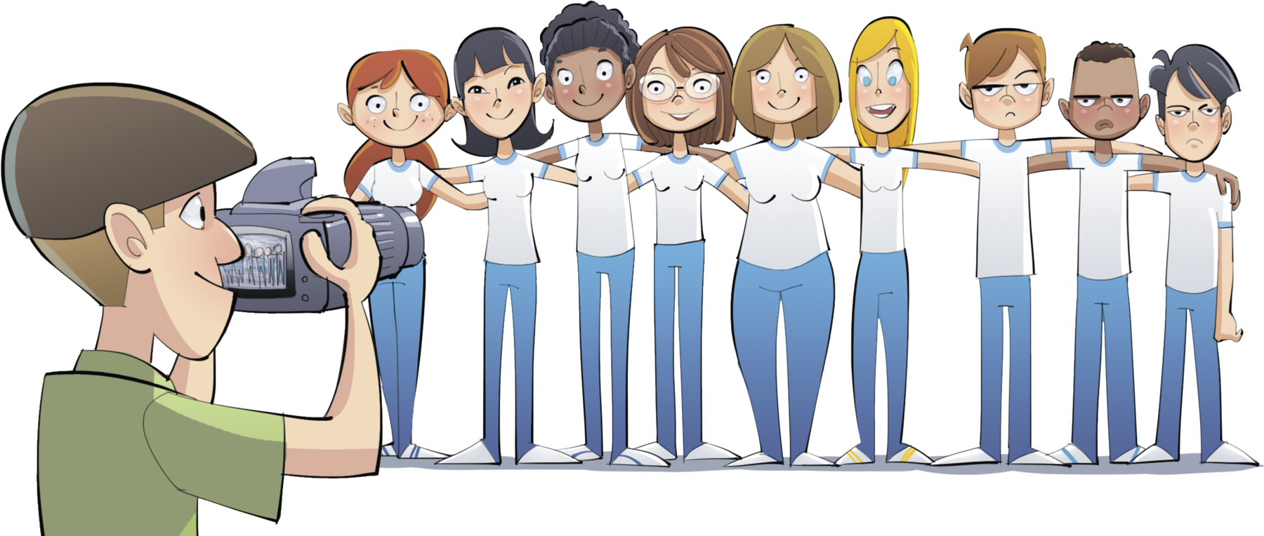 Ilustração. Nove jovens de camiseta branca e calça azul estão abraçados lado a lado. À frente deles, um homem tira uma foto