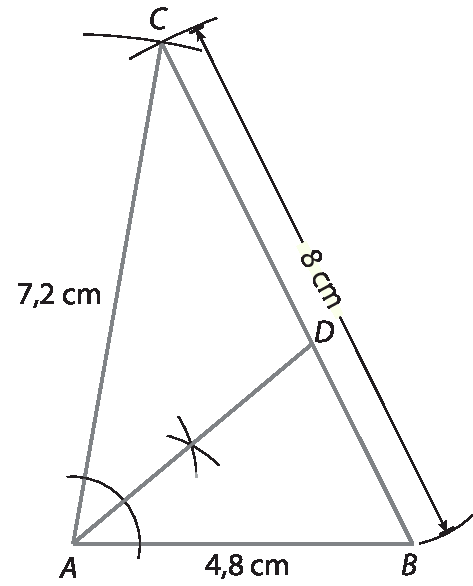 Ilustração. Triângulo ABC. lado AB, 4,8 centímetros; lado BC, 8 centímetros; lado AC, 7,2 centímetros. ponto D, pertence ao lado BD; segmento de reta une vértice A com ponto D. AD divide ângulo A em duas partes iguais . Arco marcando ângulo A.