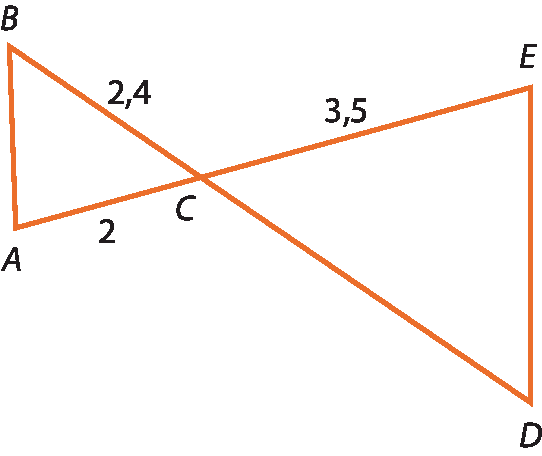 Ilustração. Triângulo ABC, unido com triângulo CDE  pelo vértice C. lado BC, 2,4; lado AC, 2; lado CE, 3,5 lado AB paralelo lado DE.