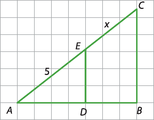 Ilustração. Triângulo ABC, na malha quadriculada. lado AB, horizontal, medindo 7 quadradinhos; distância do vértice  A até o ponto D, 4 quadradinhos; distância do ponto D até o vértice B, 3 quadradinhos; ponto E pertence ao lado AC; segmentos de reta DE paralelo ao lado BC; segmento de reta AE, 5; segmento de reta EC, x.