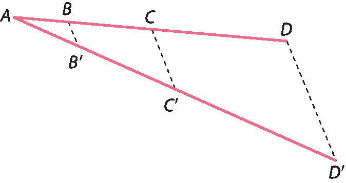 Ilustração. Segmentos de reta AD e AD linha, formam um triângulo ADD linha. Pontos B  e C pertencem ao segmento de reta AD. Pontos B linha e C linha pertencem ao segmento de reta AD linha. Os segmentos de reta BB linha, CC linha e DD linha estão destacados com pontilhados e são paralelos.