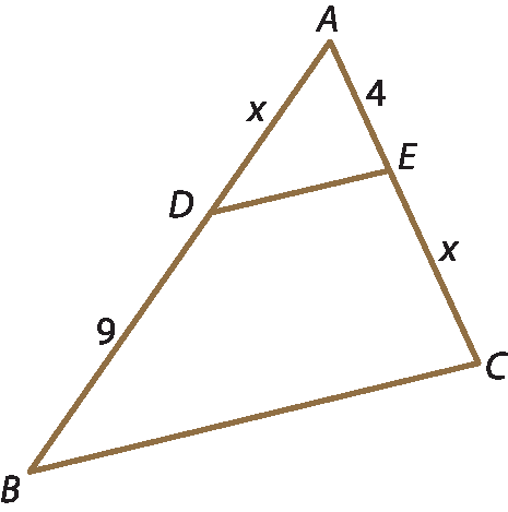 Ilustração: Triângulo  ABC. ponto D pertencente ao lado AB; ponto E pertencente ao lado AC; segmento DE, paralelo lado BC; Medidas dos segmentos: AE, 4; EC, x; AD, x;  DB, 9.