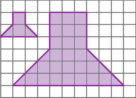Ilustração. Malha quadriculada. Uma figura roxa formada por um trapézio isósceles e um quadrado colocado acima do trapézio, o lado do quadrado coincide com a base menor do trapézio. Ao lado a mesma figura ampliada na razão 3 para 1.