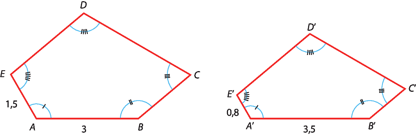 Ilustração. Polígono ABCDE e ao lado o polígono A linha B linha C linha D linha E linha. A medida do segmento AE é 1,5 e de AB é 3. No outro polígono os segmentos correspondentes A linha E linha mede 0,8 e o segmento A linha B linha mede 3,5. O ângulos correspondentes possuem a mesma marcação.