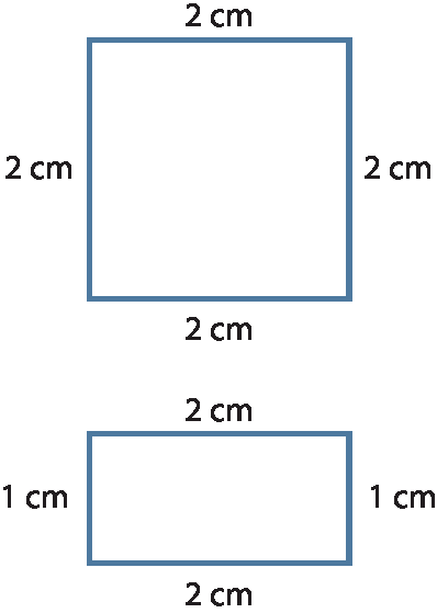 Ilustração. Quadrado com 2 centímetros cada lado. Ilustração. Retângulo medindo 2 centímetros por 1 centímetro.