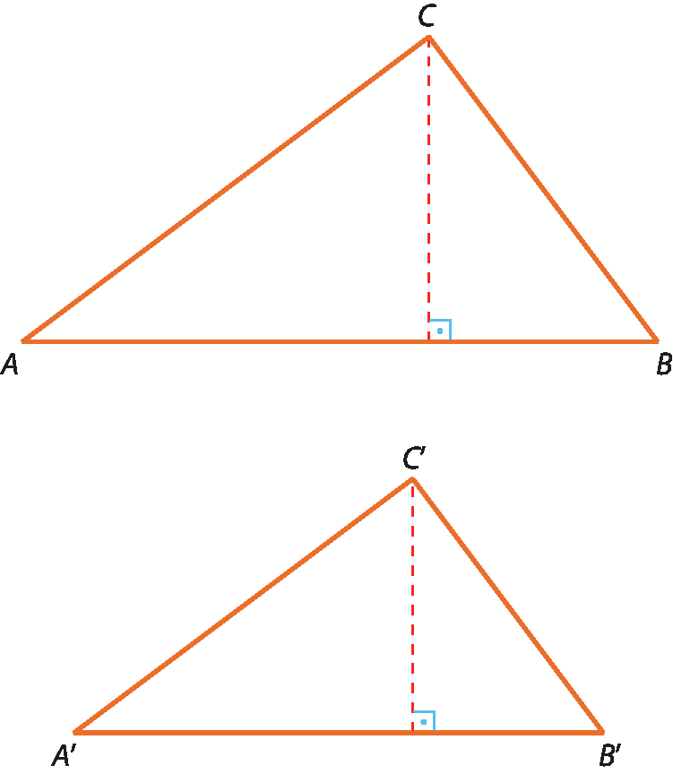 Ilustração. Triângulo ABC, com a altura  em relação ao lado AB tracejada. Ilustração. Triângulo A'B'C' com a altura em relação a A'B' tracejada.