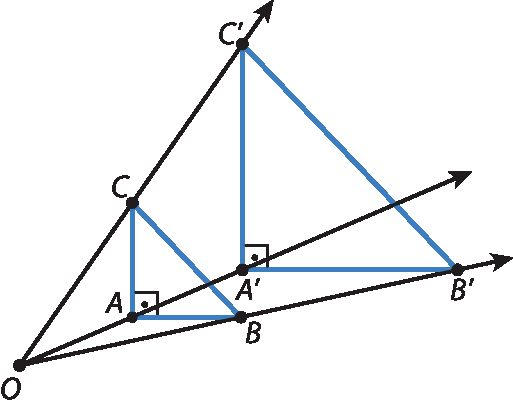 Ilustração. Triângulo retângulo ABC, com ângulo reto em A, e triângulo retângulo A linha B linha C linha, com ângulo reto em A linha, maior que e semelhante ao triângulo ABC, com a mesma disposição que este. À frente, um ponto O. Desse ponto, partem 3 semirretas que passam sobre os vértices dos triângulos, passando por: O C C linha, O A A linha, e O B B linha.