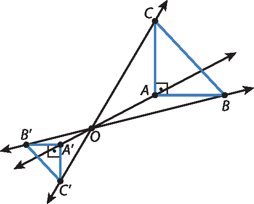 Ilustração. Triângulo retângulo ABC, com ângulo reto em A, e triângulo retângulo A linha B linha C linha, com ângulo reto em A linha, menor que e semelhante ao triângulo ABC, com disposição oposta a este. Entre os dois triângulos, um ponto O. Por esse ponto, passam 3 retas que passam sobre os vértices dos triângulos, passando por: A linha O C A, B linha O B, e C linha O C.