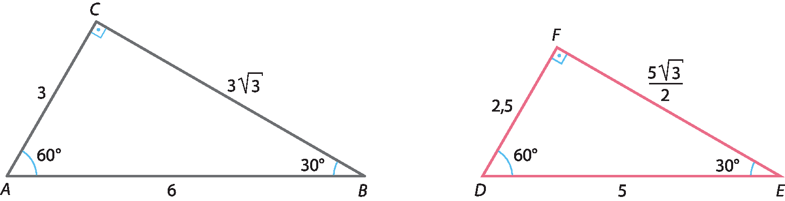 Ilustração. Triângulo ABC. Em A, ângulo de 60 graus. Em B, ângulo de 30 graus e em C, ângulo de 90 graus. As medidas são: AB, 6. BC, 3 raiz quadrada de 3. AC, 3. Ao lado, triângulo DEF. Em D, ângulo de 60 graus, em E, ângulo de 30 graus e em F, ângulo de 90 graus. As medidas são: DE, 5. EF, fração 5 raiz quadrada de 3, sobre 2. DF, 2,5.