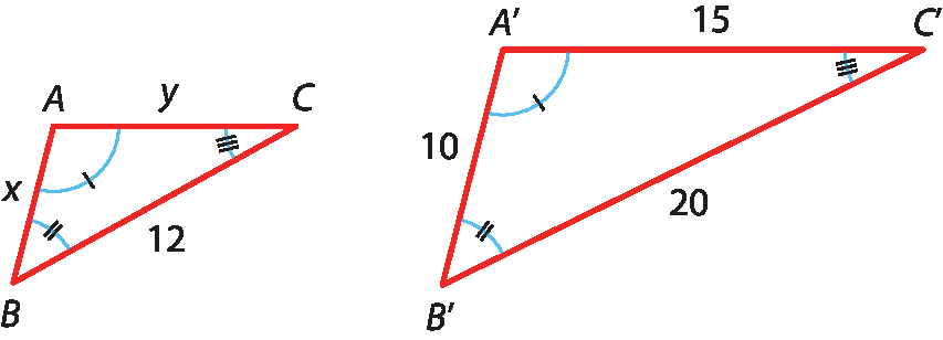 Ilustração. Triângulo ABC com medidas: AB, x. AC, y. BC, 12. Ao lado, triângulo A linha B linha C linha semelhante ao primeiro com medidas: A linha B linha, 10. A linha C linha, 15. B linha C linha, 20. Ângulo A é congruente ao ângulo A linha, ângulo B congruente ao ângulo B linha, ângulo C congruente ao ângulo C linha.
