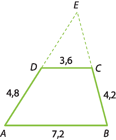 Ilustração. Trapézio escaleno ABCD, de base maior AB e base menor CD. Prolongando o lado AD e o lado BC com segmentos tracejados encontramos o ponto E, formando assim o triangulo AEB. As medidas do trapézio são: AB mede 7,2, BC mede 4,2, CD mede 3,6 e DA mede 4,8.
