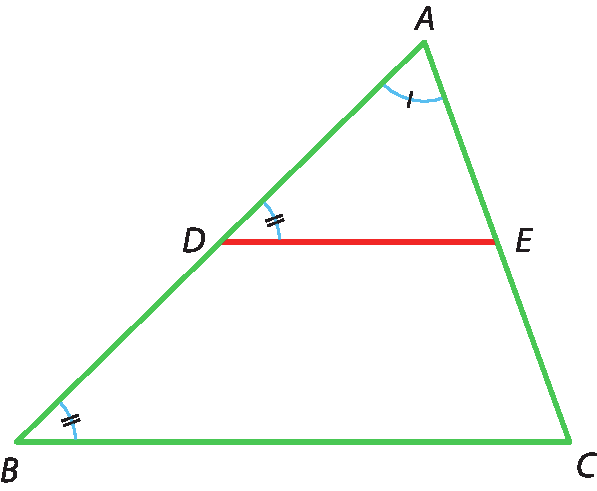 Ilustração. Triângulo ABC. Segmento DE paralelo à base BC, em que D pertence ao lado AB e E pertence ao lado AC, formando o triângulo DEA. Ângulo D congruente ao ângulo B.