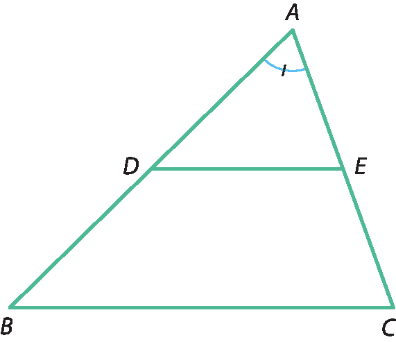 Ilustração. Triângulo ABC. Há um segmento DE, que divide o triângulo, e é paralelo à base BC. O ponto D pertence ao lado AB e E pertence ao lado AC. Destaque no ângulo A
