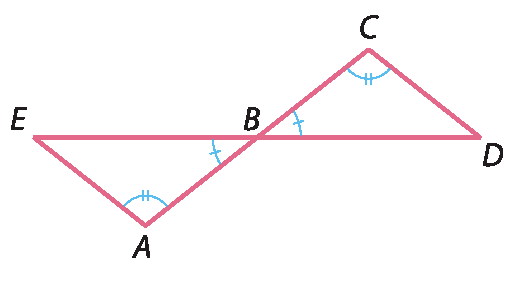 Ilustração. Figura composta por triângulo ABE e triângulo BCD. Destaque para ângulos do vértice B que são opostos pelo vértice e para os ângulos A e C que são congruentes (possuem a mesma marcação).