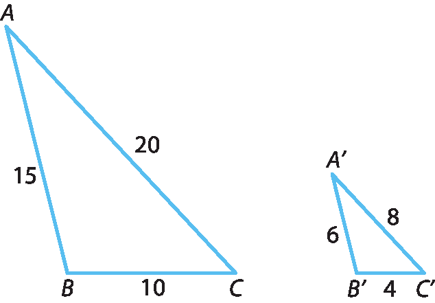 Ilustração. Triângulo ABC como medidas: AB, 15, BC, 10 e AC, 20. Ao lado, triângulo A linha B linha C linha, em tamanho menor, com medidas: A linha B linha, 6,  B linha C linha, 4 e A linha C linha, 8.