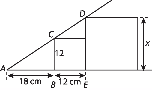 Ilustração. Do ponto A saem duas semirretas uma inclinada que vai passar pelos pontos C e D vértices de dois quadrados e a outra na horizontal passará pelos pontos B e E também vértices dos quadrados. A distância de A até B é de 18 centímetros e a distância de B até E é de 12 centímetros. A medida de CB é de 12 centímetros e a medida de D até E é igual a x.
