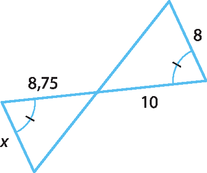 Ilustração. Figura composta por dois segmentos concorrentes formando dois triângulos com um dos ângulos congruentes, as medidas dos lados desses ângulos é x e 8,75  10 e 8.