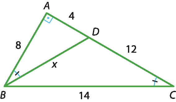 Ilustração. Triângulo retângulo ABD, retângulo em A e triângulo DBC com o lado BD comum. Medidas AB,  8, AD, 4, DC, 12, CB, 14 e AD,  x. Os ângulos ABD e DCB são congruentes.