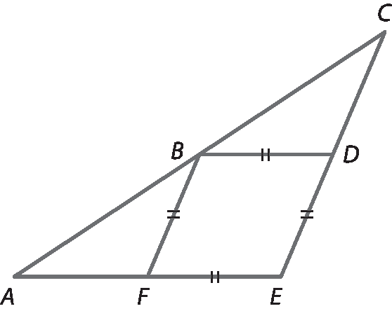 Ilustração. Triângulo ACE. No centro, segmento horizontal BD paralelo a AE e segmento BF paralelo a CE. Formando um quadrilátero BDEF de lados congruentes.