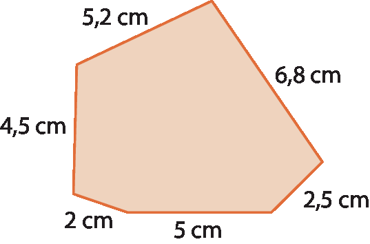 Ilustração. Polígono de seis lados com as seguintes medidas: 6,8 centímetros, 2,5 centímetros, 5 centímetros, 2 centímetros, 4,5 centímetros e 5,2 centímetros.
