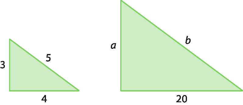 Ilustração. Triângulo retângulo cujos lados medem 3, 4 e 5; à direita, outro triângulo retângulo cujos lados medem a, 20 e b, na mesma posição do primeiro triângulo.