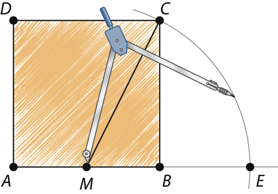 Ilustração. Quadrado ABCD. De C, reta diagonal até o ponto M, ponto médio de AB. Compasso aberto em M vai até ponto E (externo ao quadrado) e traça arco CE