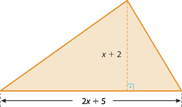 Ilustração. Triângulo com base medindo 2 x mais 5, e altura (relativa a essa base) medindo x mais 2.