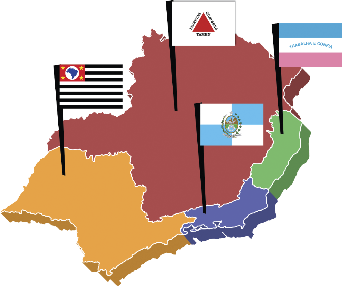 Mapa. Região Sudeste. Mapa colorido, composto pelos estados da região sudeste do Brasil e as bandeiras de cada estado. Região em vermelho: estado de Minas Gerais e uma bandeira branca, com um triângulo vermelho ao centro, e os contorno do triângulo com as palavras LIBERTAS QUAE SERA TAMEN. Região em laranja: estado de São Paulo e uma bandeira com listras pretas e brancas, e um retângulo vermelho na parte superior esquerda contendo um círculo branco e, dentro dele, um mapa do Brasil em azul. Região em roxo: estado do Rio de Janeiro e uma bandeira dividida em quatro retângulos, 2 brancos e 2 azuis claro, com um brasão no centro da bandeira. Região em verde: estado do Espírito Santo e uma bandeira composta por três faixas horizontais, azul, branca e rosa (de cima para baixo), e a frase ao centro da faixa branca, TRABALHA E CONFIA.