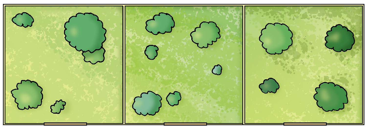 Ilustração. Vista superior de três terrenos quadrados lado a lado. Em cada terreno há grama verde e algumas árvores.