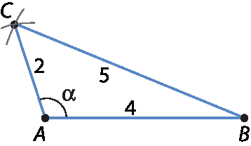 Ilustração. Triângulo ABC com ângulo alfa em A. Medidas: AB: 4, AC: 2 e BC: 5.